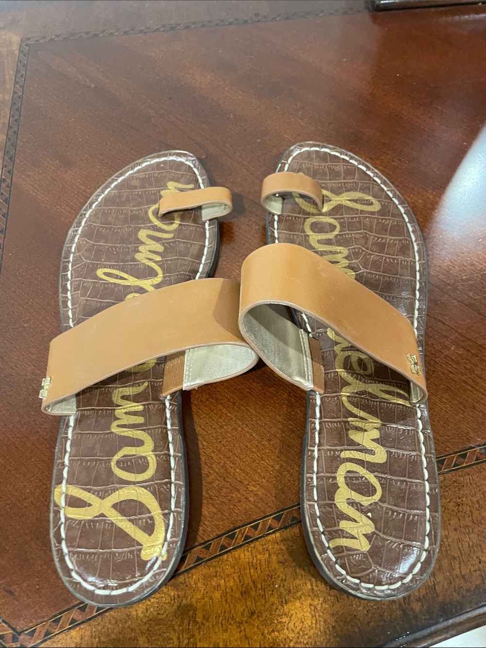 Sam Edelman Cognac Leather Toe-Loop Slide Sandals
